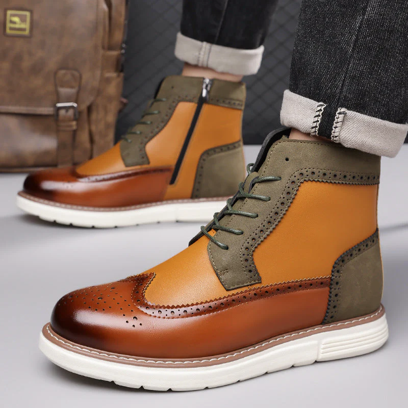 Men’s Brogue Lace-Up Boots with Mixed-Color Panels