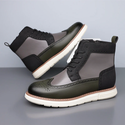 Men’s Brogue Lace-Up Boots with Mixed-Color Panels