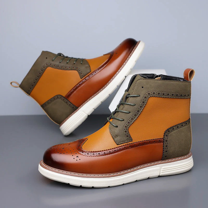 Men’s Brogue Lace-Up Boots with Mixed-Color Panels