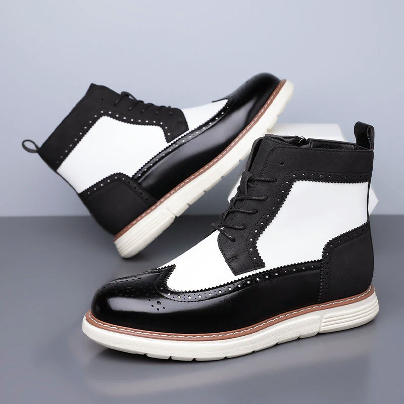 Men’s Brogue Lace-Up Boots with Mixed-Color Panels