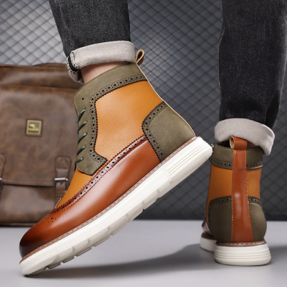 Men’s Brogue Lace-Up Boots with Mixed-Color Panels