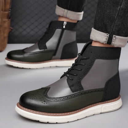 Men’s Brogue Lace-Up Boots with Mixed-Color Panels