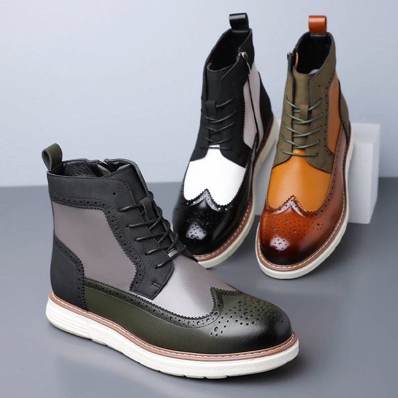 Men’s Brogue Lace-Up Boots with Mixed-Color Panels