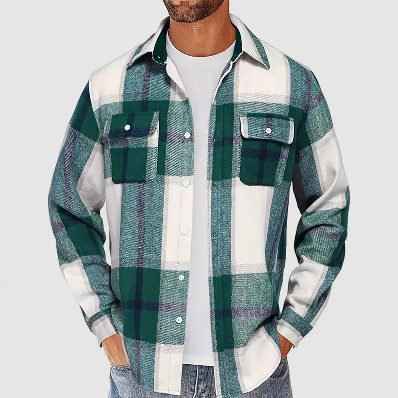 Men’s Plaid Button-Up Shirt with Chest Pockets