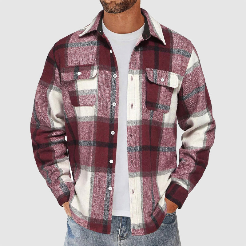 Men’s Plaid Button-Up Shirt with Chest Pockets