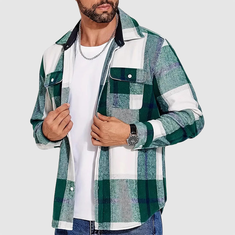 Men’s Plaid Button-Up Shirt with Chest Pockets