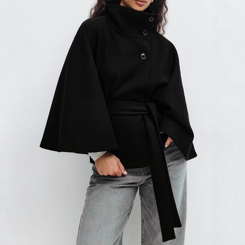 Women’s Belted Cape Coat with Wide Sleeves