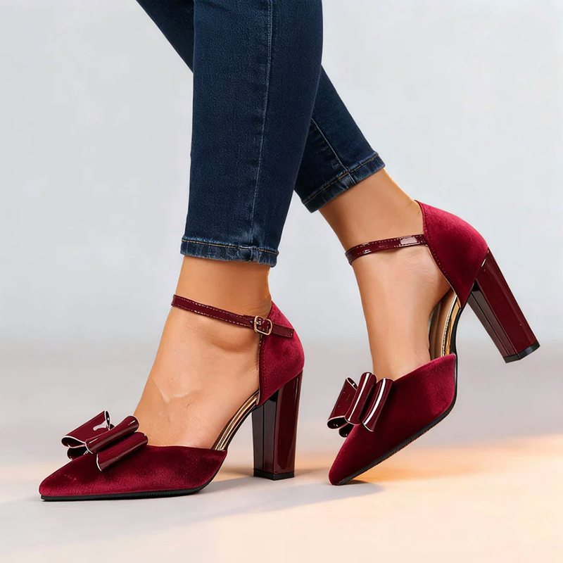 Women’s Faux Suede Block Heels with Glossy Bow Detail