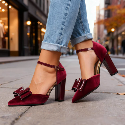 Women’s Faux Suede Block Heels with Glossy Bow Detail