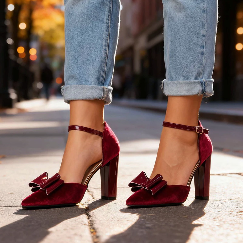 Women’s Faux Suede Block Heels with Glossy Bow Detail