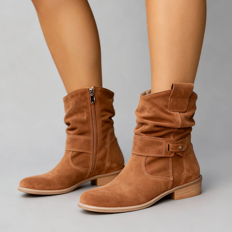 Women’s Mid-Calf Suede Slouch Boots with Low Heel