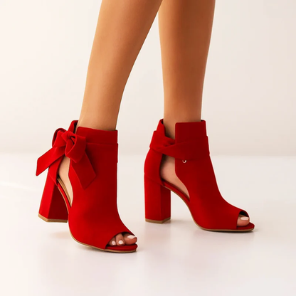 Women’s Peep-Toe Faux Suede Heels with Bow Tie Detail