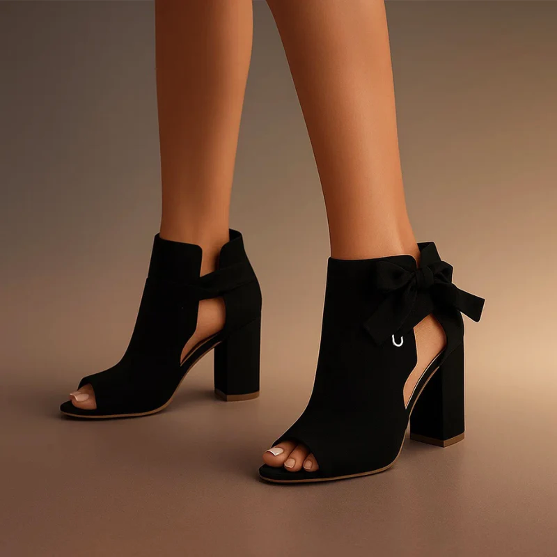 Women’s Peep-Toe Faux Suede Heels with Bow Tie Detail
