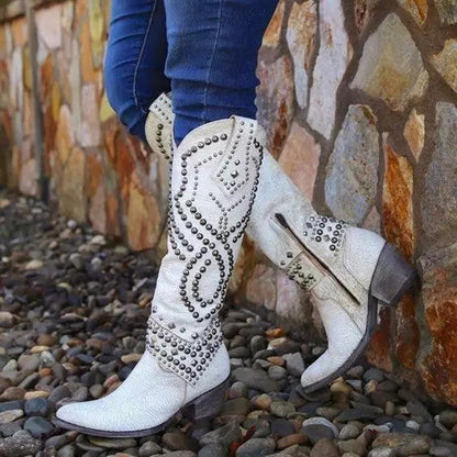 Women’s Studded Leather Knee-High Western Boots