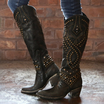 Women’s Studded Leather Knee-High Western Boots
