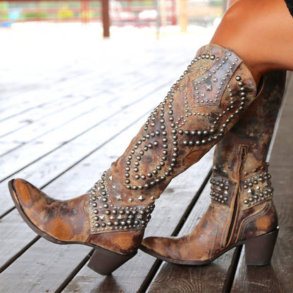 Women’s Studded Leather Knee-High Western Boots